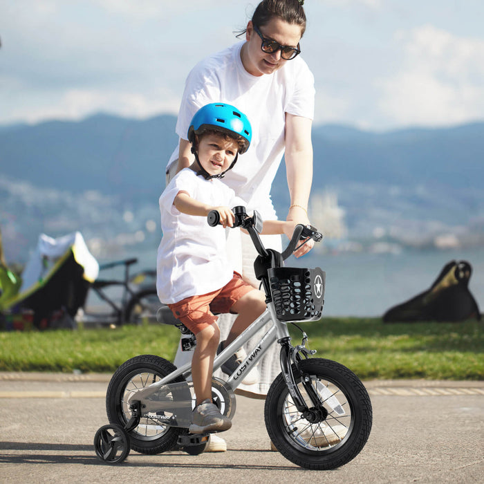 Costway 12\" Velo Pour Enfants Avec Roues D'entrainement Guidon Reglable Et Frein A Main De Siege Argent