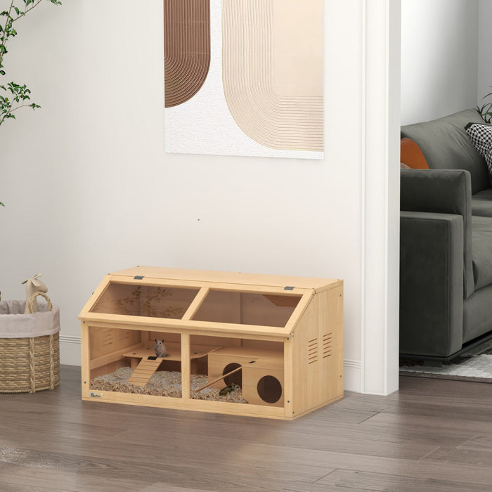 Pawhut Cage En Bois Pour Hamster, 33,5\"l, Cage Pour Petits Animaux Pour Hamster Nain Syrien, Gerbilles, Souris Avec Pont Suspendu, Echelles, Dessus Ouvrant, Cabane, Plate-forme, Finition Bois Naturel