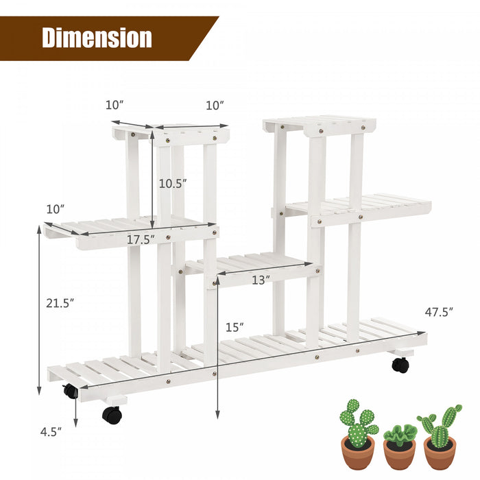 Costway 4 Niveaux Roulant Fleur Rack Bois Plante Stand Roulettes 12 Pots Bonsai Etagere D'affichage
