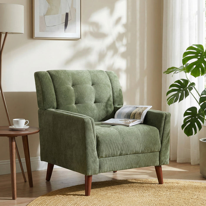Midway Fauteuil Moderne du Milieu de Siecle a Point Capitonne Gaufre, Vert, Noyer