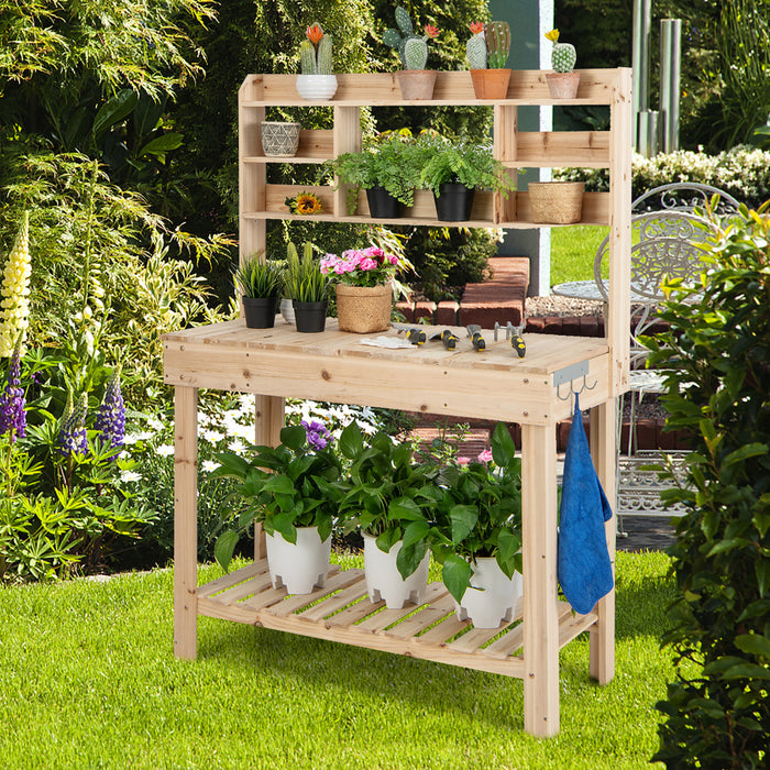 Table Pour Plante En Bois Avec Plateau Rabattable, Etageres Et 3 Crochets, Table De Rempotage Pour Serre / Jardin / Terrasse, Table De Jardinage, Capacite De Charge 150 Kg, 110x50x153cm