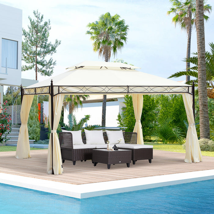 Outsunny 13'l X 10'w Gazebo Canopy Party Tent Abri De Jardin Exterieur A 2 Niveaux Avec Rideaux, Blanc Creme