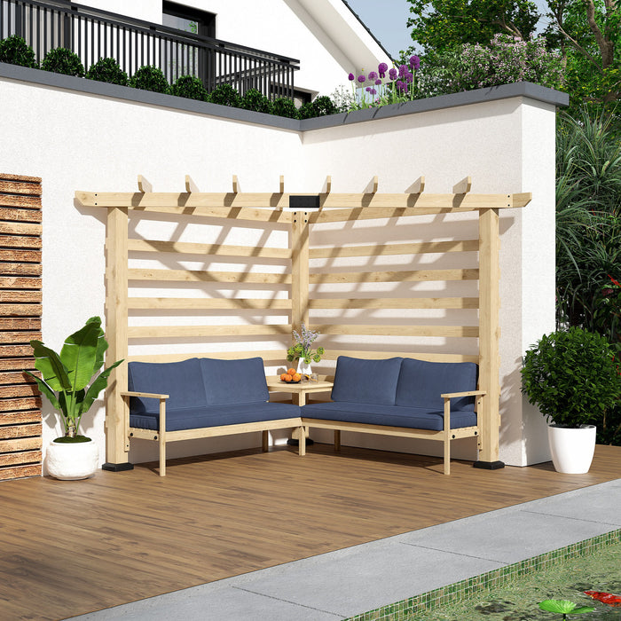 Outsunny Pergola D'angle 8.7' X 8.7' Avec Ensemble De Conversation Et Coussins, Pergola D'exterieur En Bois De Sapin Avec Table D'appoint Pour Jardin, Terrasse, Naturel Et Bleu