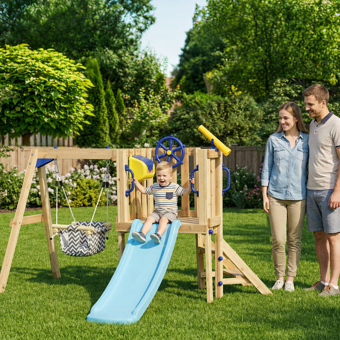 Outsunny Aire de Jeu pour Enfants avec Balancoire, Toboggan, Maisonnette en Bois, Siege Bebe, Gouvernail, Telescope, Structure Exterieure, 18-48 Mois, Couleur Naturelle