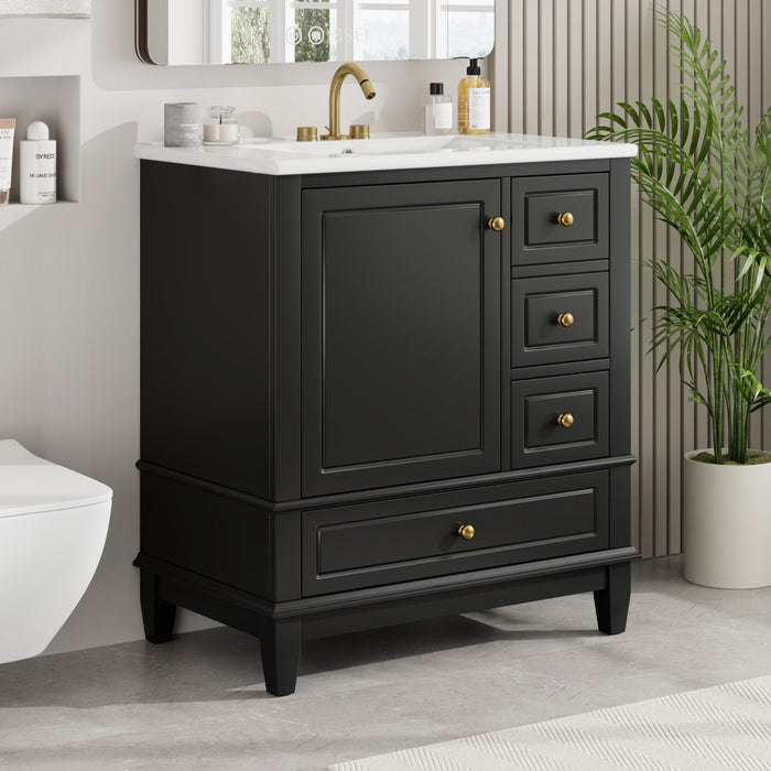 Emma Meuble-lavabo en bois massif de 30\" avec vasque en ceramique et porte a fermeture douce, Noir
