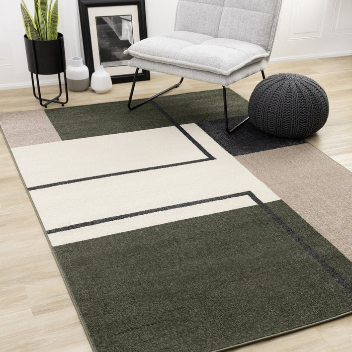 Carpette moderne Marley verte, grise et blanche à motif géométrique - 5 pi 3 po x 7 pi 7 po