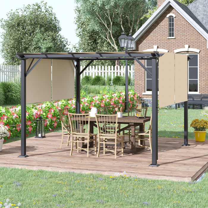 Outsunny 12' X 10' Pergola De Jardin Patio Exterieur Avec Toit Coulissant Cadre En Acier Avec Piquets Et Design Unique