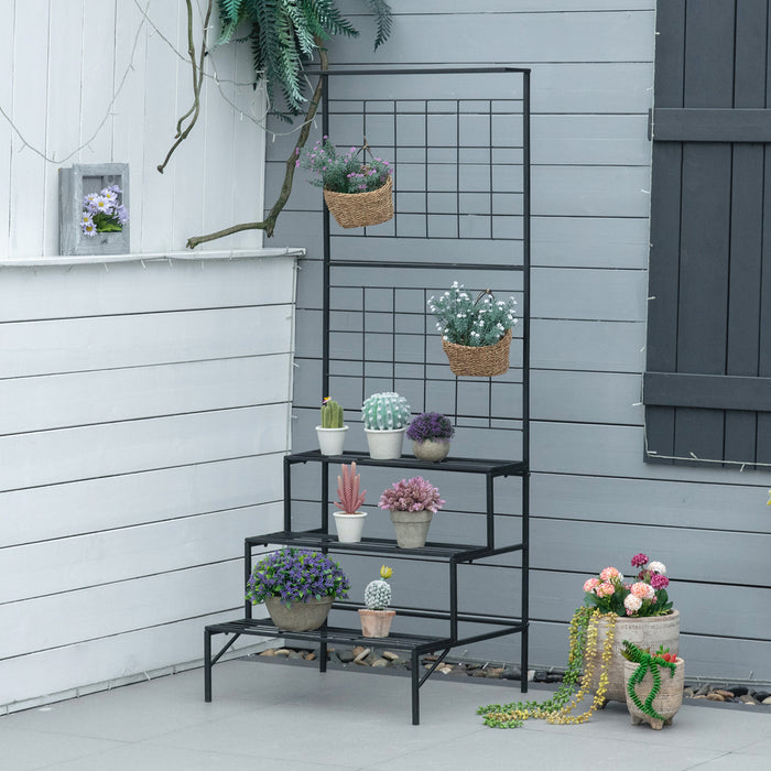 Outsunny Support De Plantes Suspendu A 3 Niveaux Avec Panneau Grillage, Etagere Pour Pots De Fleurs, Etagere De Presentation Pour Pots De Fleurs Multiples