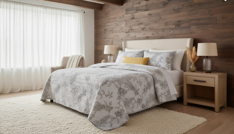 Ensemble Courtepointe Reversible 3 Pieces Tres Grand Lit (King) - Imprime Floral Botanique Gris et Blanc 