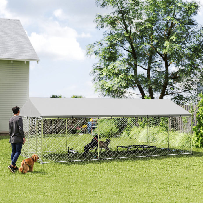 PawHut Chenil pour Grand Chien avec Toit et Verrous Securises, Structure Robuste en Acier Galvanise avec Couverture Impermeable et Resistante aux UV, 6 m x 3 m x 2,15 m