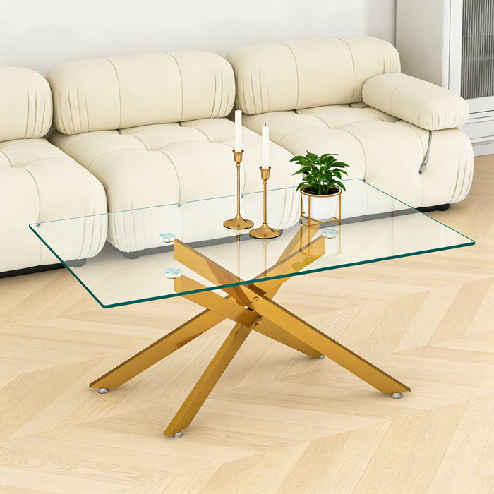 Table basse rectangulaire en verre de 39,37\" Olivia avec pieds metalliques elegants, doree