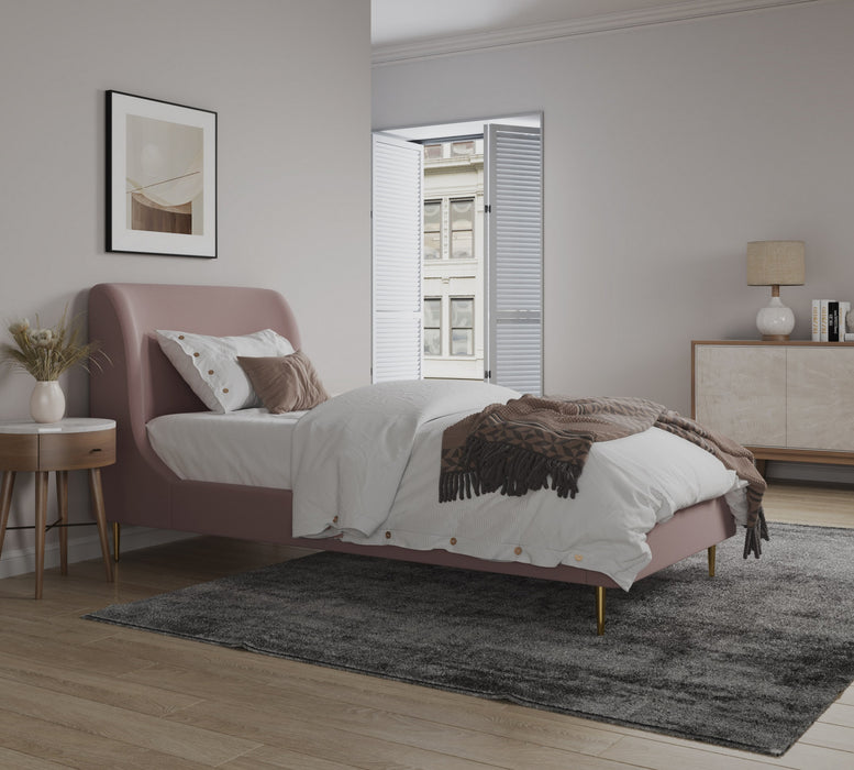 Lit jumeau Heather style milieu du siecle moderne en velours, rembourre, coloris rose poudre et or