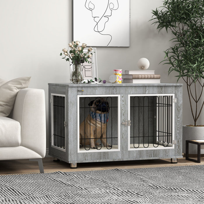 Pawhut Table D'appoint Cage Pour Animal Domestique Avec Coussin Doux, Cage A Double Porte Pour Chiens De Taille Moyenne Et Grande, Niche En Fil De Bois Pour Usage Interieur, Gris