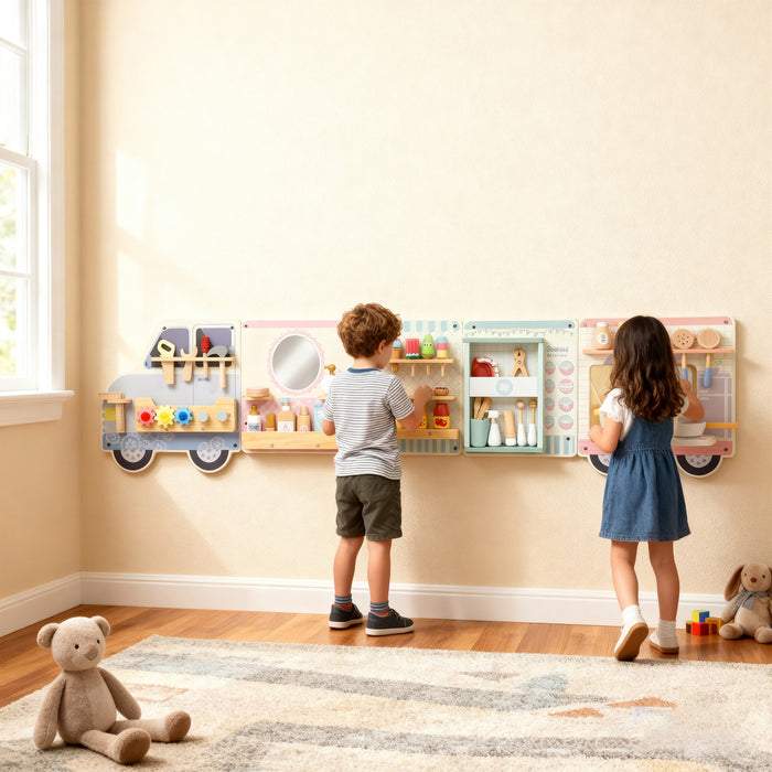 Tableau d'activites mural Qaba Camion, 5 activites, panneau mural sensoriel pour tout-petits de 3 ans et plus, centre d'activites Montessori pour salle de jeux, creche, classe