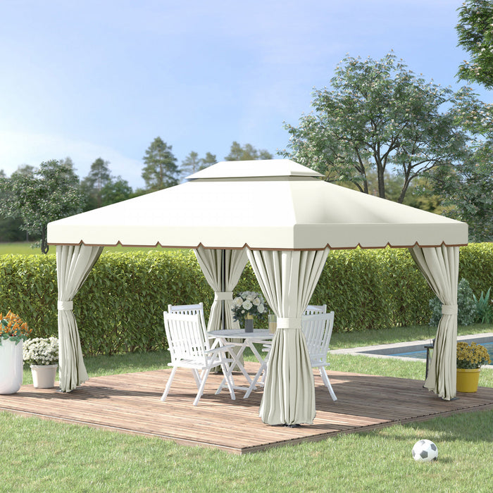 Outsunny 13' X 10' Tonnelle De Terrasse Exterieure Avec Double Toit En Polyester, Parois Laterales En Maille Ventilee Et Cadre En Aluminium Solide, Blanc
