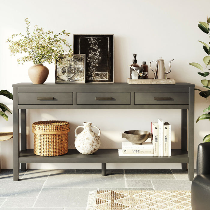 Table d'entree Emma 59,1'' de style ferme avec tiroirs et etagere ouverte, grise