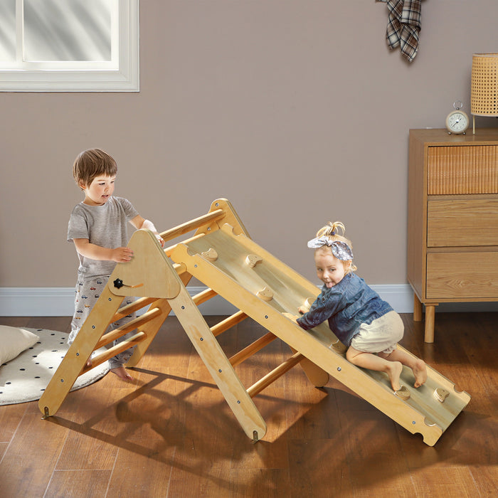 Qaba Ensemble Triangulaire, Jouets D'escalade Pour Tout-petits Avec Rampe, Jouets D'escalade 2 En 1, Salle De Sport D'interieur Pour Bebe De 18 A 48 Mois, Bois Naturel