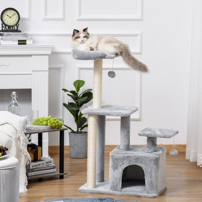 Pawhut Arbre A Chat D'interieur, Condo A Plusieurs Niveaux Avec Griffoir En Sisal, Perchoir, Boule A Suspendre, Gris Clair