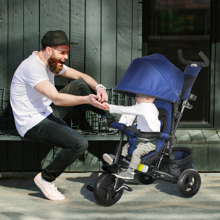 Qaba Tricycle 4 En 1 Pour Tout-petits, Tricycle Pour Enfants Avec Auvent Pliable, Poignee Et Housse Amovibles, Panier De Rangement, Ceinture De Securite A 5 Points, Pour Enfant De 1 A 5 Ans Bleu Fonce