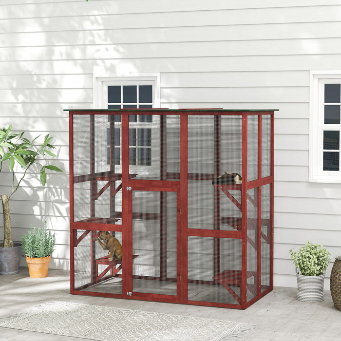 Pawhut Grand Enclos Exterieur Pour Chat, Maison Resistante Aux Intemperies, Toit En Asphalte, Cage De Terrasse En Bois Avec 6 Plates-formes Equilibrees, 71\" X 39\" X 71\", Bordeaux