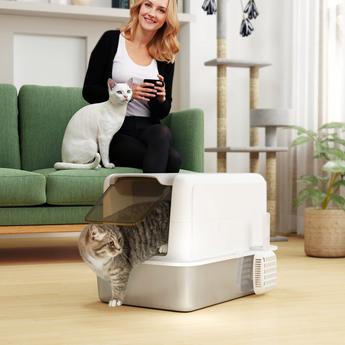 Pawhut Bac A Litiere Pour Chat En Acier Inoxydable Avec Couvercle Amovible, Bac A Litiere Extra Large Avec Pelle, Bac A Litiere En Metal, Facile A Nettoyer, Blanc