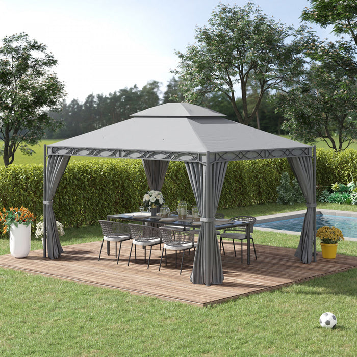 Outsunny 10x13ft Tonnelle De Jardin A Deux Niveaux Avec Rideau Abri D'exterieur Auvent D'arriere-cour Gris