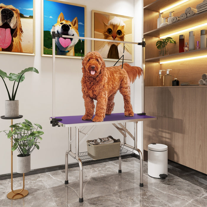 Pawhut Table De Toilettage Reglable Pour Chien, Dessus En Caoutchouc, 2 Sangles De Securite, Panier De Rangement En Maille, Metal Lourd, 42,25\" X 23,5\" X 67\", Violet