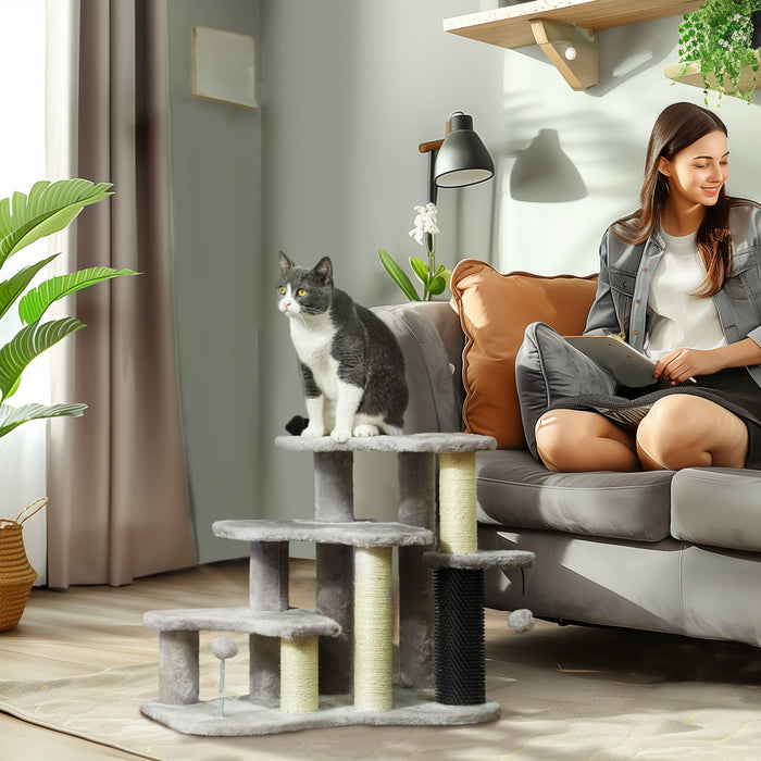 Pawhut Arbre A Chat De 20\", Tour 2 En 1, Escalier Pour Animal Domestique A 3 Marches Avec Griffoirs, Balles Jouets, Escalier Pour Chat Pour Lit, Canape, Gris Clair