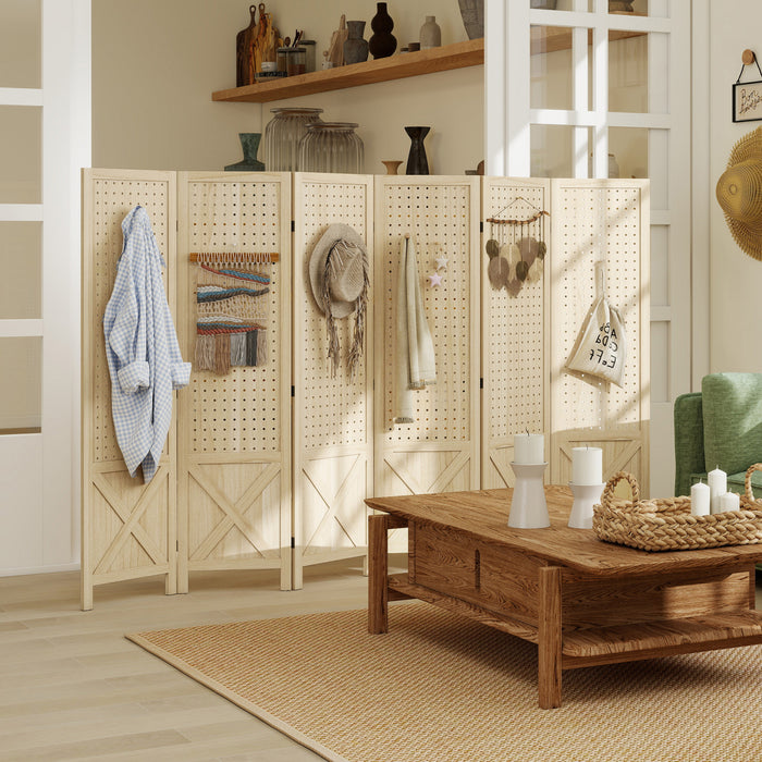 HOMCOM Paravent 6 Panneaux de 4.7 pi avec Panneau Perfore, Bois Naturel