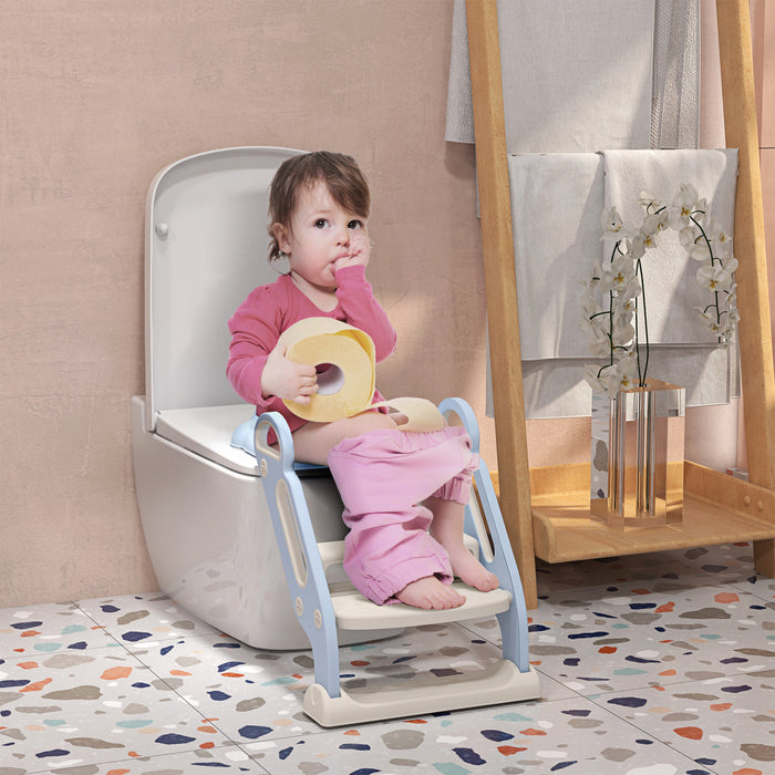 Qaba Siege De Toilette D'apprentissage De La Proprete Avec Escabeau Echelle, Siege D'entrainement De Toilette Pour Enfants Avec Coussin Moelleux, Poignees, Marches Larges Antiderapantes, Bleu