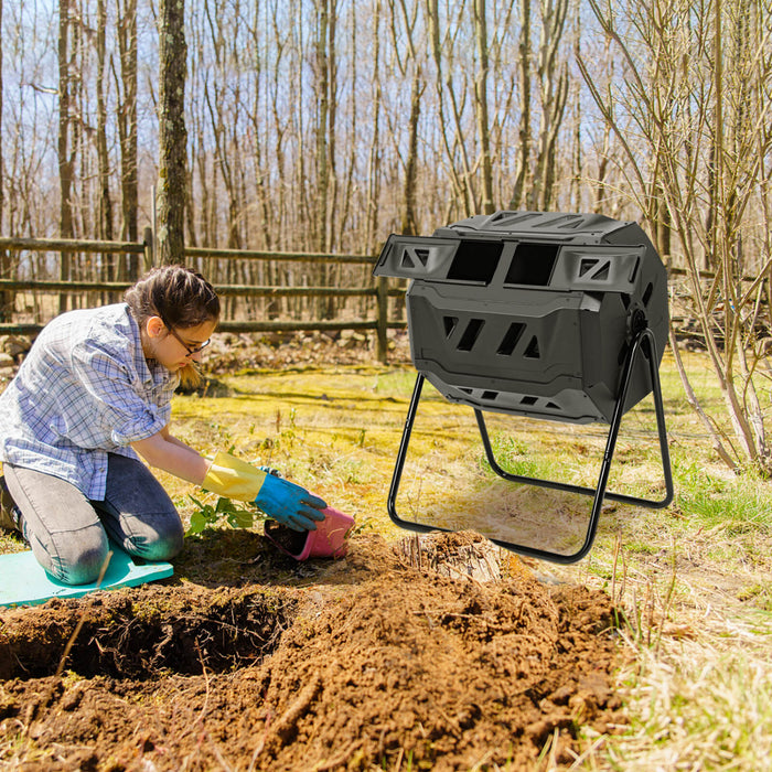 Seau A Compost Rotatif A 360° De 160 L Avec Gants De Jardin, Composteur De Jardin De Grande Capacite Avec Double Chambre, Convient Pour Le Traitement Des Feuilles, Pelures, Noir