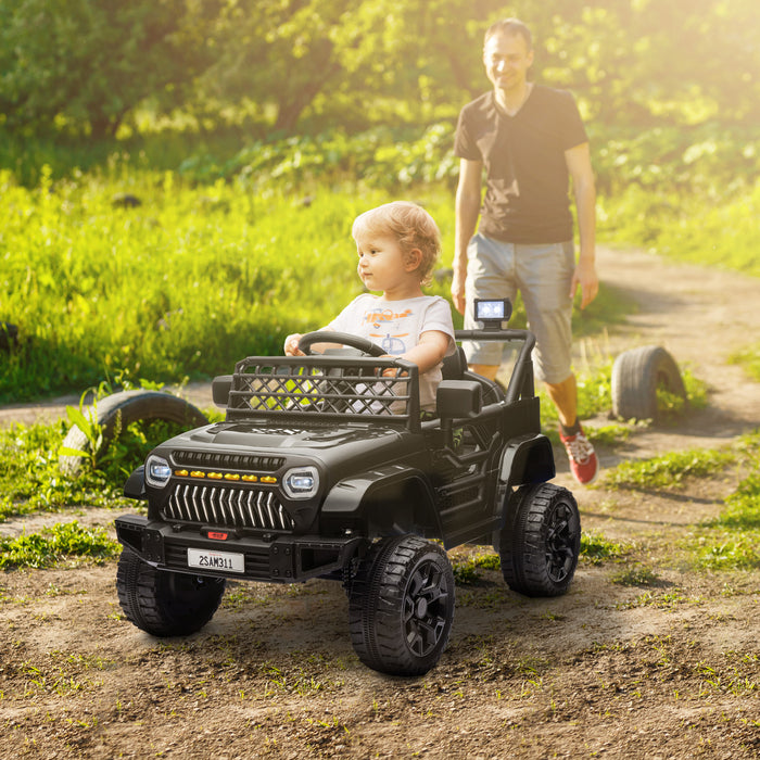 Qaba Voiture Electrique 12 V Alimente Par Batterie Pour Enfants Avec Telecommande, Suspension A Ressort, 3 Vitesses, Klaxon Musical Usb, Phares Led, Noir