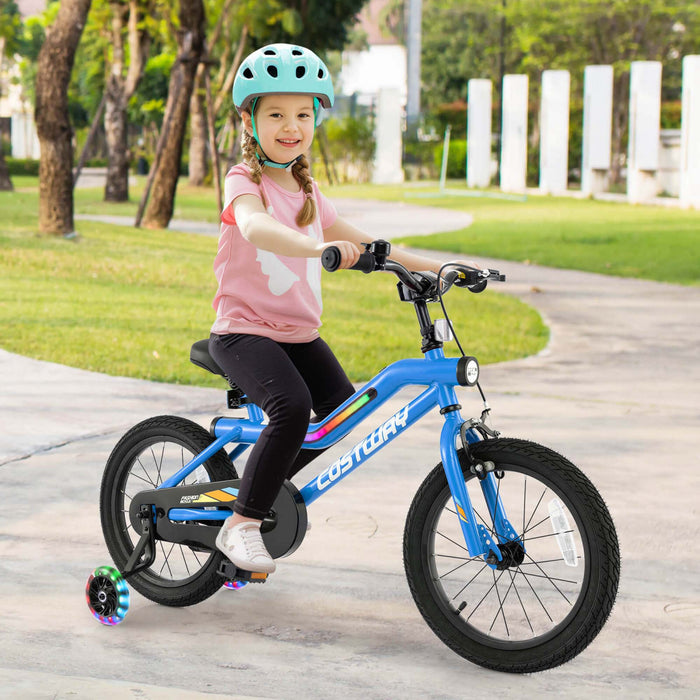 Costway 16\" Led Eclaire Velo Pour Enfants Avec Siege Reglable Coaster Frein Roues D'entrainement Bleu