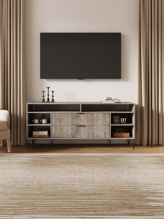 Meuble TV Dumbo Modern 160 cm a rainures, finition gris rustique