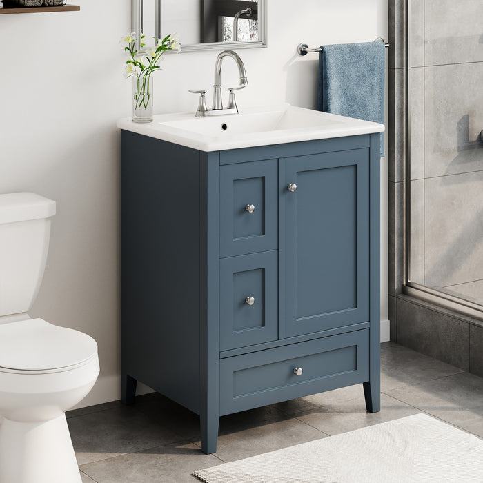 Mia Meuble-lavabo de 24\" avec vasque en ceramique et rangement a plusieurs tiroirs, Bleu Gris