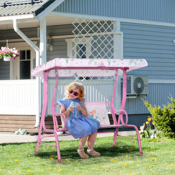 Outsunny Balancoire 2 Places Pour Enfants, Chaise Longue De Terrasse Pour Enfants, Pour Porche De Jardin, Avec Auvent Reglable, Ceinture De Securite, Motif Sirene, Pour 3-6 Ans, Rose.