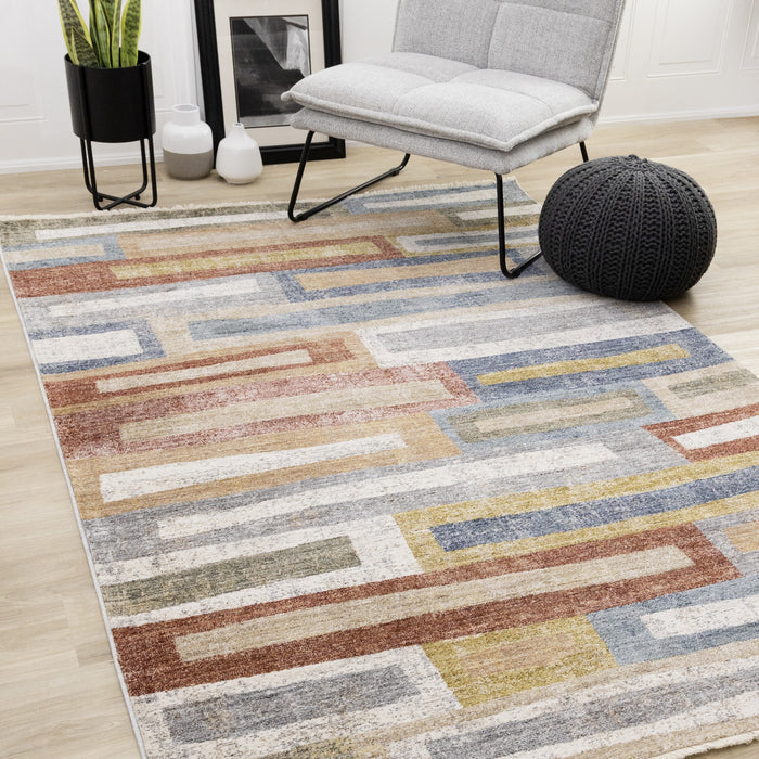 Carpette moderne et raffinée Macey grise, bleue et rouge - 5 pi 3 po x 7 pi 10 po