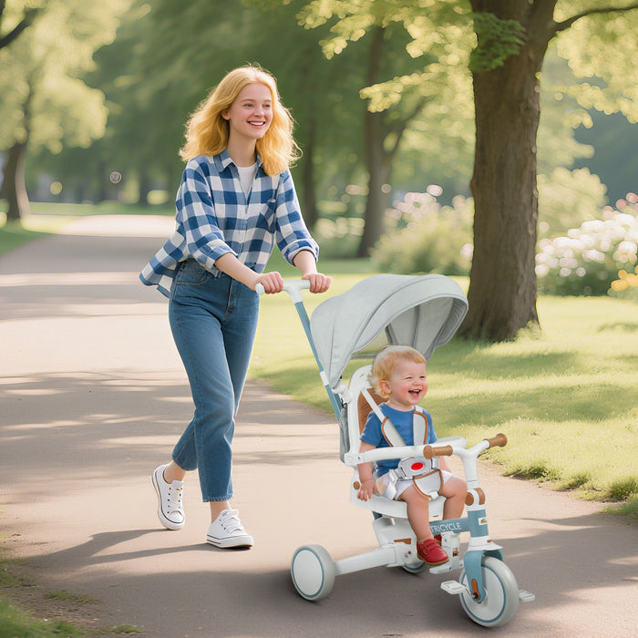 Qaba Tricycle 7 En 1 Pour Tout-petits Avec Guidon Reglable, Bleu