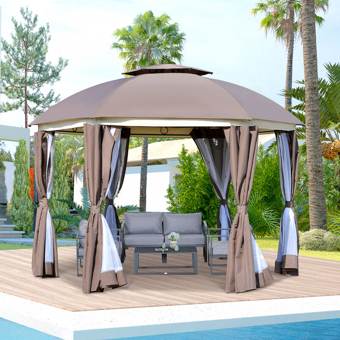 Outsunny Tonnelle Ronde De 12' X 12', Auvent De Terrasse En Forme De Dome Avec Double Toit, Parois Laterales En Filet Et Rideaux, Portes A Fermeture Eclair, Cadre En Acier Solide, Marron