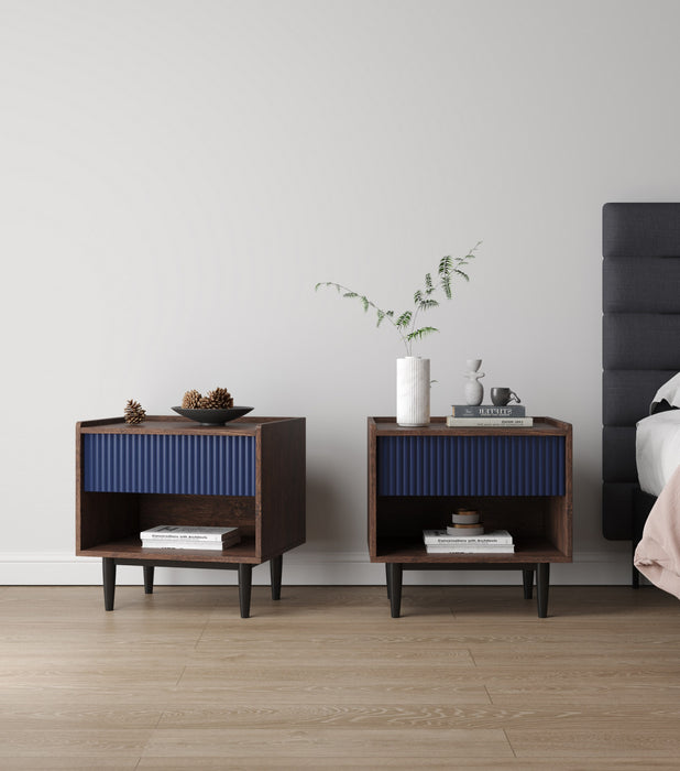 Table de nuit Duane style milieu du siecle 20\" a cannelures en bleu marine (1 tiroir) - Lot de 2