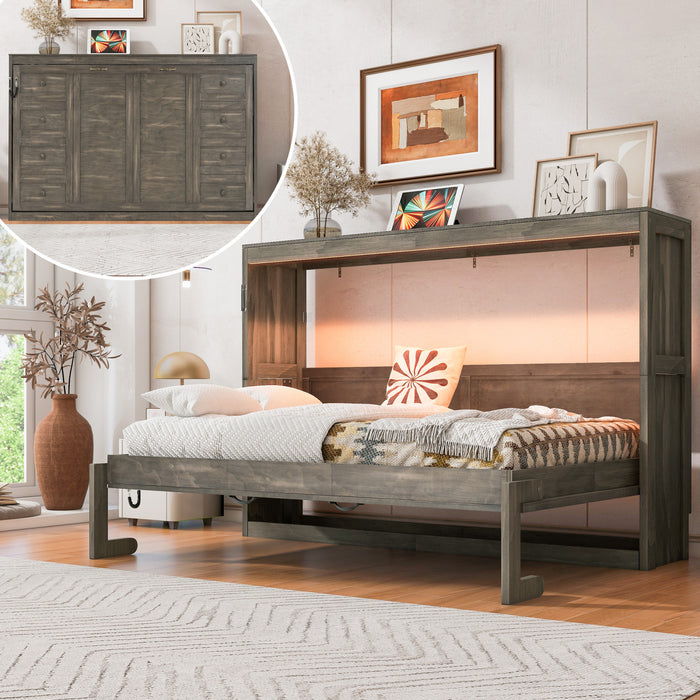 Lit escamotable Olivia en bois massif avec lumiere LED et armoire pliante, taille simple, marron