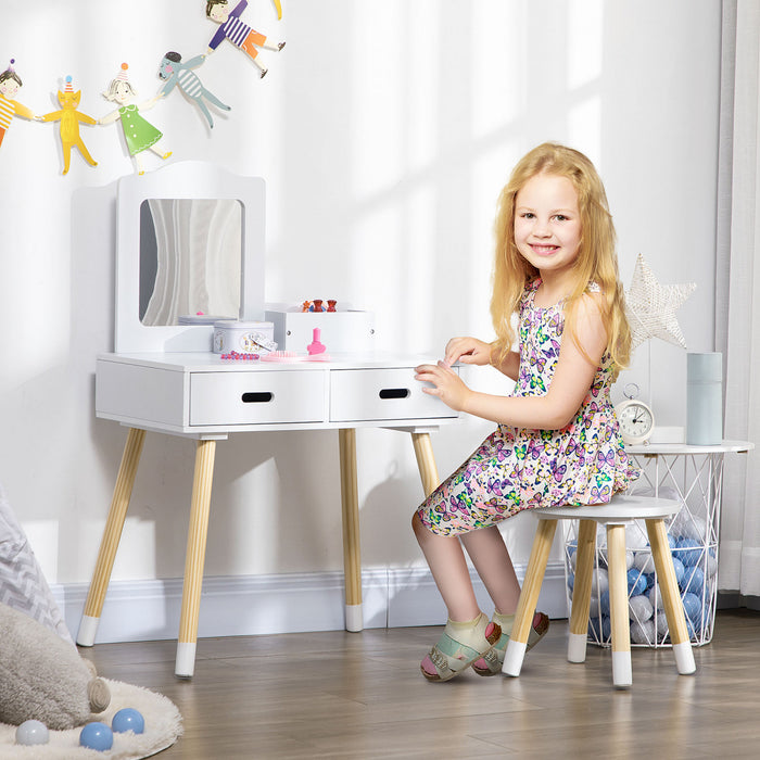 Qaba Ensemble de Coiffeuse avec Miroir et Tabouret pour Enfants, Blanc