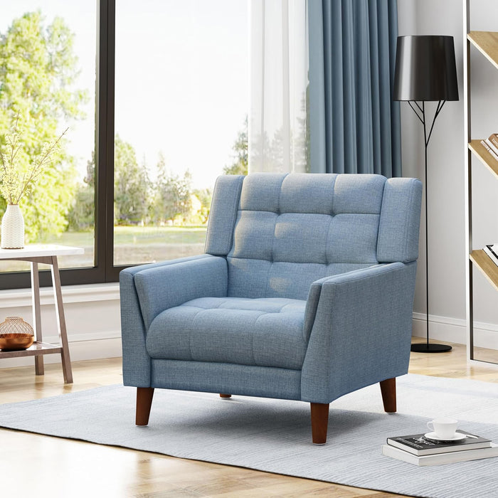 Midway Fauteuil Moderne du Milieu de Siecle a Point Capitonne Gaufre, Bleu, Noyer
