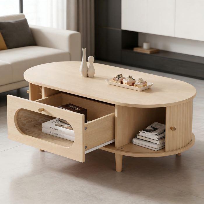 Grain Table Basse Noyer 39.3 po avec Porte Enroulable et Tiroir Acrylique, Noyer Naturel