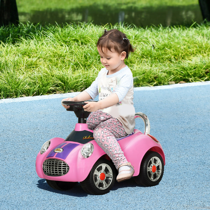 Qaba Voiture Bebe, Voiture A Pousser Pour 1 A 3 Ans Avec Musique, Klaxon, Lumiere, Voiture Coulissante Du Pied Au Sol Pour Les Tout-petits, Rose