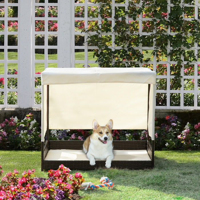Pawhut Canape Pour Chien Chat Avec Coussin Et Auvent Toile Amovibles Resine Tressee Dim. 36\" X 28\" X 32\"