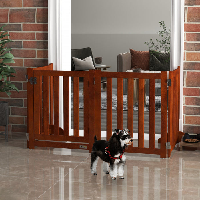 Pawhut Porte Pliable Pour Chien Avec Porte, 4 Panneaux Porte Pour Animaux De Compagnie Autoportante Avec Pieds De Soutien Parc Interieur Pour Les Petits Chiens, Marron