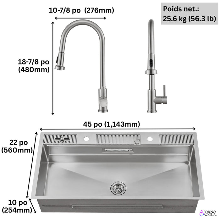 Evier poste de travail MultiSINK 45 po, double pose, 3 niveaux, robinets, rince-verre, inox - J-WP30