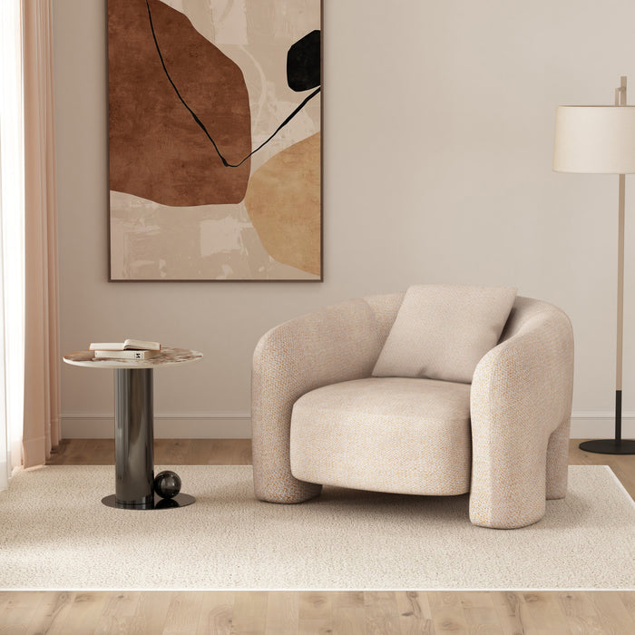 Fauteuil lounge en tweed moderne glamour Sylvia, finition Poussiere d’Or