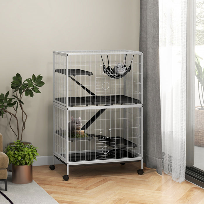 Pawhut Cage Roulante A 5 Niveaux Pour Petits Animaux, Cage Pour Cochon D'inde, Furet, Chinchilla, Chaton, Lapin, Petite Maison De Jeu Pour Animaux De Compagnie Avec Hamac, Plateau Amovible, Gris Clair